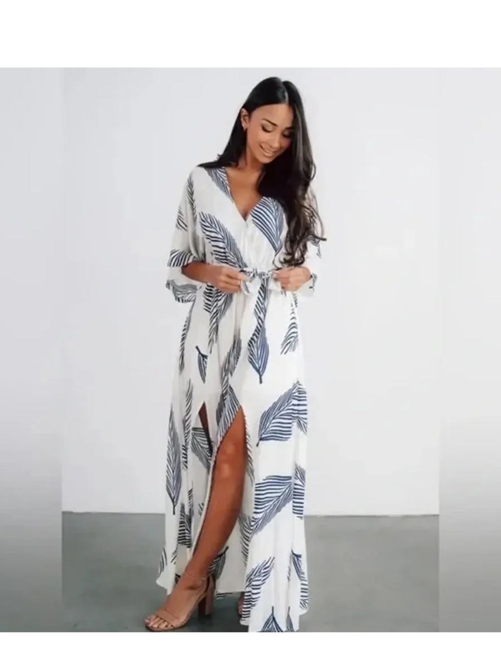 Baltic Born White Maxi Dress with Navy Leaf Motif